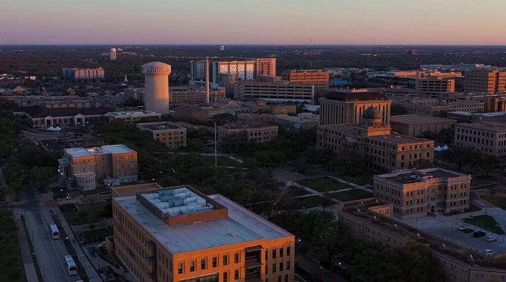 Texas A&M campus at sunset